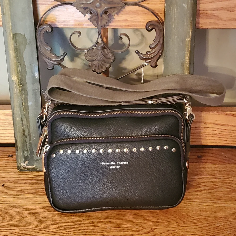 Samantha Thavasa Black Leather Studded Crossbody Bag
